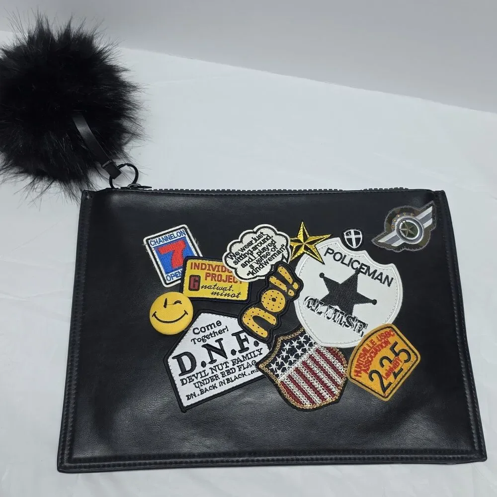 Dream Control Black Large Patched Clutch With Pom Pom Vegan Leather Hipster